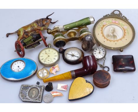 A box of various items, including opera glasses, sewing items, an enamel clock etc 