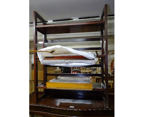 A stained beech folding display stand, and a table-top jewellery display cabinet, and 9 Vintage Mintex calendars, and a paras