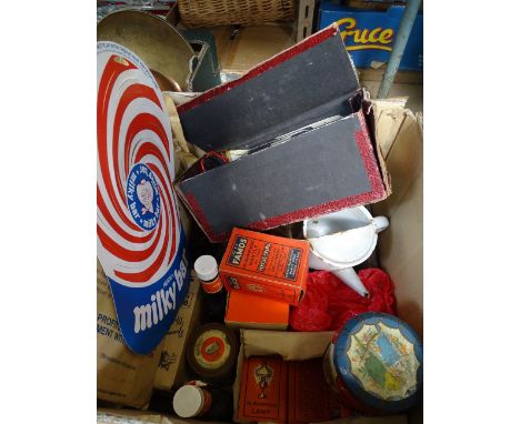 A billy can, a jug, Vintage packaging etc 