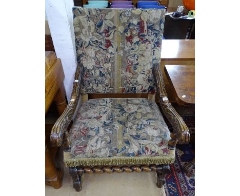 A Louis XVI tapestry upholstered and carved walnut-framed open armchair, with rope twist stretchers 
