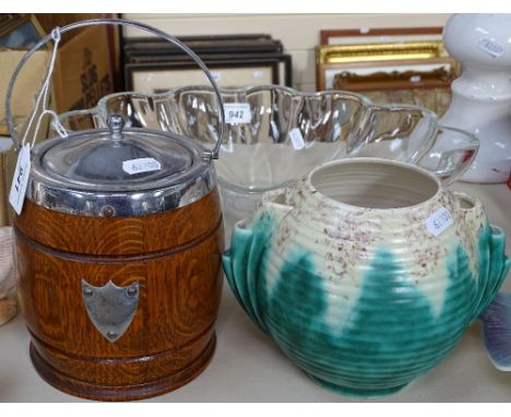 An oak biscuit barrel, and a Crown Devon vase 