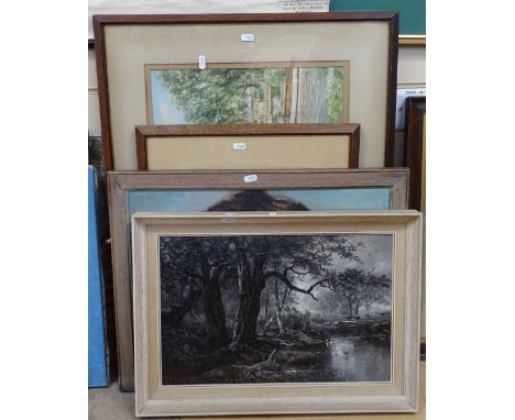Oil on board, forest scene, watercolour, street scene, oil on canvas, portrait, and another (4) 