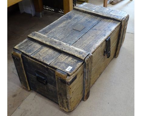 A rustic Vintage pine trunk, with brass plaque to H.G.J.K.J.A.C.K. Eynsford Kent, W92cm 