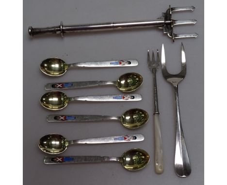 A set of 6 Danish sterling silver and enamel teaspoons, with gilded bowls, by A Michelsen Copenhagen, 2 silver pickle forks, 