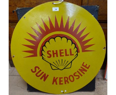 A Vintage enamel advertising sign for Shell Sun Kerosine, 25" across 