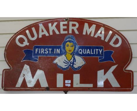 An Antique Quaker Maid milk enamel advertising sign, width 36", height 21" 