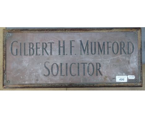 A Vintage brass sign for Gilbert Mumford Solicitor, 19" x 8.5" 