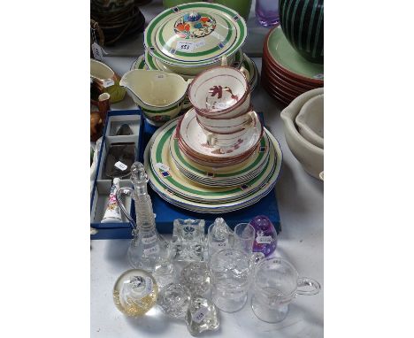 Sunderland lustre cups and saucers, and 1930s dinnerware with painted flowers,&nbsp;&nbsp;paperweights etc