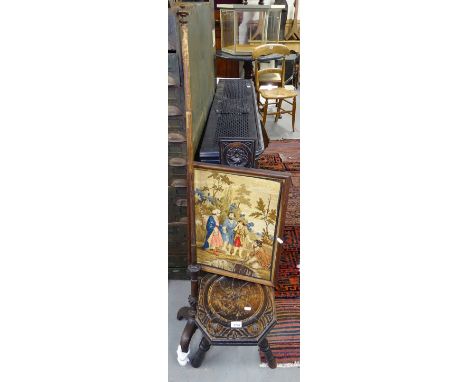 A 19th century rosewood pole screen with tapestry panel, and a carved oak Welsh spinning stool 