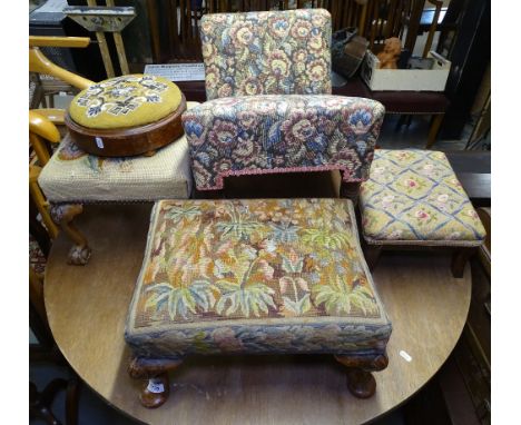 A button footstool with beadwork upholstery, 3 tapestry upholstered footstools and a gout stool 