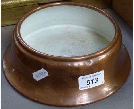 An early 20th century copper-mounted enamel animal feeding bowl, diameter 7.5" 