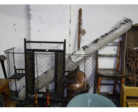 A Bargeware style painted chair, a pair of Kashmiri candlesticks, a fireguard, a copper warming pan, a coal bucket, Oriental 