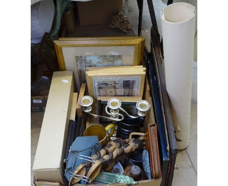 Pictures and a box of various items including boxed Cole &amp; Mason spice rack.