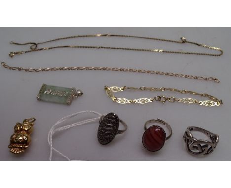 A 9ct gold owl design charm, a 9ct gold necklace, and 2 9ct gold bracelets, 8.6g, and 3 silver bracelets, and a Chinese jade 