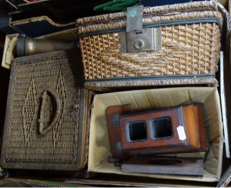 Victorian wicker sewing baskets, a stereoscopic viewer, a kaleidoscope Magic Lantern slide etc 