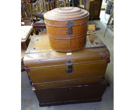 A Victorian stained pine blanket chest, a Victorian metal trunk, and a metal hat box 