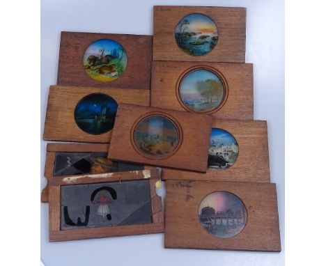 9 various wooden-framed coloured-glass Magic Lantern slides, some A/F 