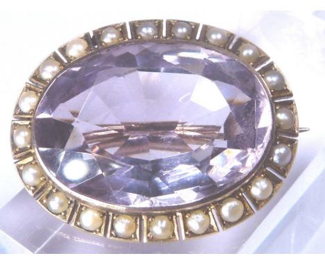 Presumed 9 ct gold amethyst and seed pearl brooch, D: 3 cm