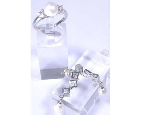Sterling silver real pearl and CZ ring and pendant set, size S