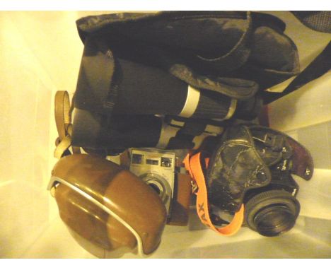 Pentax super A camera, Kodak camera and Traveler 10-30 x 60 binoculars in case