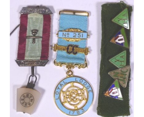 Two Masonic jewels including a silver example and five enamel youth hostel badges 