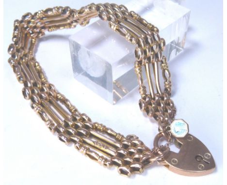 Cased 9 ct yellow gold gate bracelet with padlock clasp in original box, 18.7 g