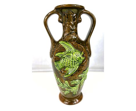 Ault Art Pottery: A baluster two handled vase decorated with fish and seaweed in green over a dark brown glaze, vase mark in 