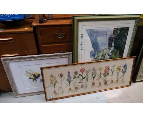 A modern tapestry picture depicting herbs, 37x106cm; three other framed prints.