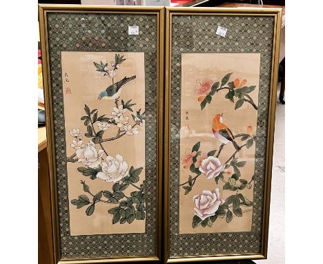 A pair of Chinese watercolour of a bird on branch with seal marks to the side framed and glazed