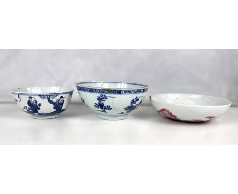 Three pieces of Chinese porcelain, a bowl with red decoration and a seal mark to base 16.5cm and two blue and white bowlsRed 