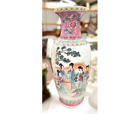 A large Chinese Republic period vase famille rose decoration with domestic scenes, text to the reverse and seal mark beneath,