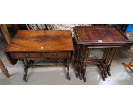 A nest of mahogany tables on turned legs and a similar mahogany two drawer drop end sofa table.