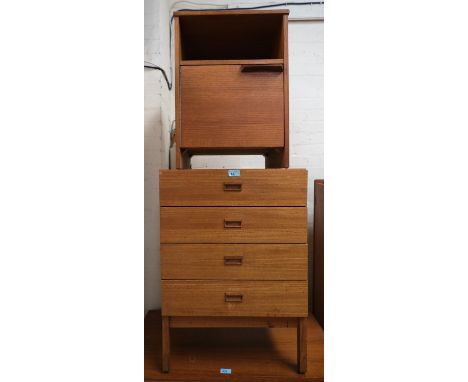 A mid 20th Century teak four height chest and a similar teak bedside cabinet with cupboard and open shelf.