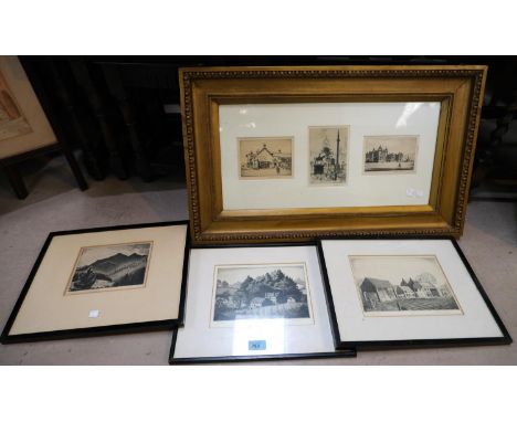 M. W. LONG, etching, The Hole, signed in pencil, 143x220mm, framed, two others; three other prints framed as one.