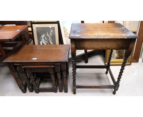 A nest of three oak occasional tables, a barley twist occasional table and a bobbin leg stool.