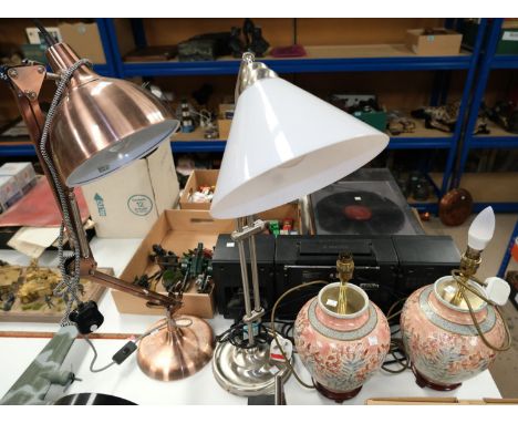 Two anglepoise lamps, two ceramic table lamps, box of lightbulbs.