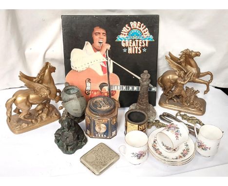 A selection of metalware tins etc; a Knight inkwell.