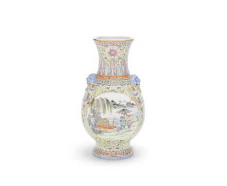 A FAMILLE ROSE LANDSCAPE VASEQianlong six-character seal mark, RepublicThe pear-shaped vase with two central reserves depicti