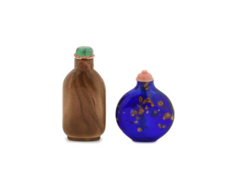 AN AVENTURINE GLASS SNUFF BOTTLE AND A ROYAL BLUE AVENTURINE-SPLASHED BOTTLE18th/19th centuryThe first of compressed rounded 