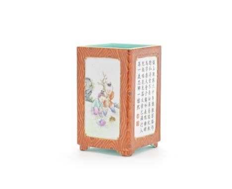 A FAMILLE ROSE 'FAUX-BOIS' GROUND BRUSHPOTQianlong iron-red six-character seal mark, RepublicThe square-section brush pot dec