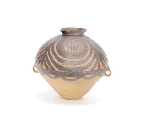 A NEOLITHIC OVOID POTTERY JARMajiayao Culture, 3rd millennium B.CThe upper part painted in black with a series of curved swag