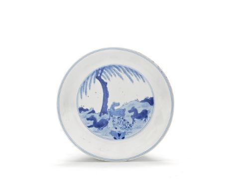 A BLUE AND WHITE 'EIGHT HORSES OF MUWANG' DISHKangxi six-character mark and of the periodPainted in various tones of cobalt b