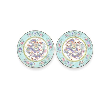 A PAIR OF CANTON ENAMEL 'DRAGON' DISHESQianlong seal marks, 19th centuryEach with the central medallion enclosing a multicolo