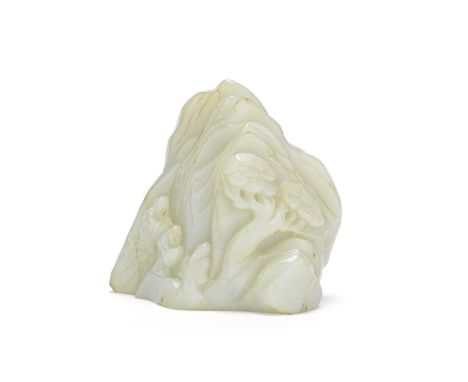 A PALE GREEN JADE BOULDERLate Qing DynastyWorked in the shape of a craggy mountain with three sages on a narrow path next to 