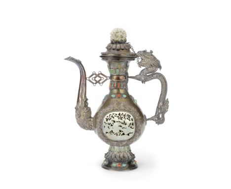 A MONGOLIAN-STYLE JADE AND HARDSTONE-INLAID WHITE METAL EWER AND COVERThe jade 17th/18th century, the ewer 19th/20th century 