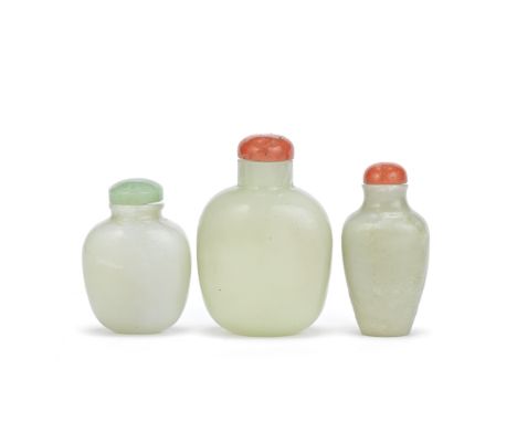 TWO PALE GREEN JADE SNUFF BOTTLES AND ONE GLASS SNUFF BOTTLE19th century and laterComprising a green jade baluster bottle wit