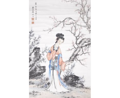 ZHENG MUKANG (1901-1982)Lady in a Garden Ink and pigment on paper, hanging scroll with inscription, signature and two seals o