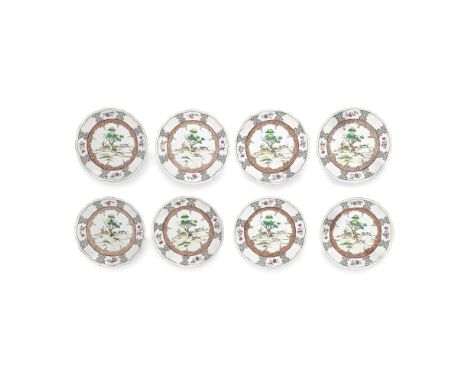 EIGHT FAMILLE ROSE 'HUNTING SCENE' DISHESQianlongEach with a central medallion depicting a deer chased by two hunting dogs su