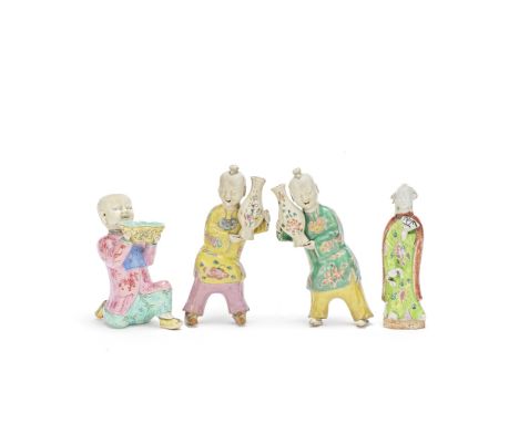 A GROUP OF FOUR FAMILLE ROSE EXPORT FIGURESQianlong/JiaqingComprising: a pair of 'boys' wall vases; a joss stick holder model