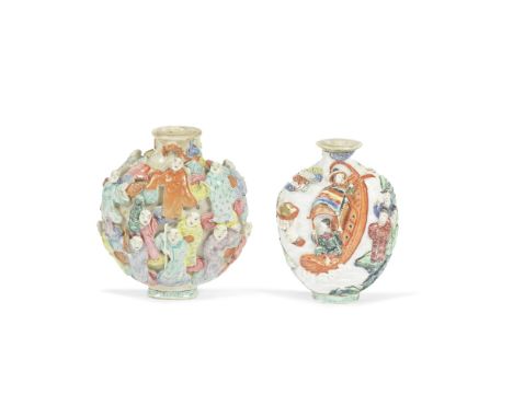 TWO FAMILLE ROSE MOULDED PORCELAIN SNUFF BOTTLES18th/19th and 19th centuryThe first depicting a scene from 'The Legend of the